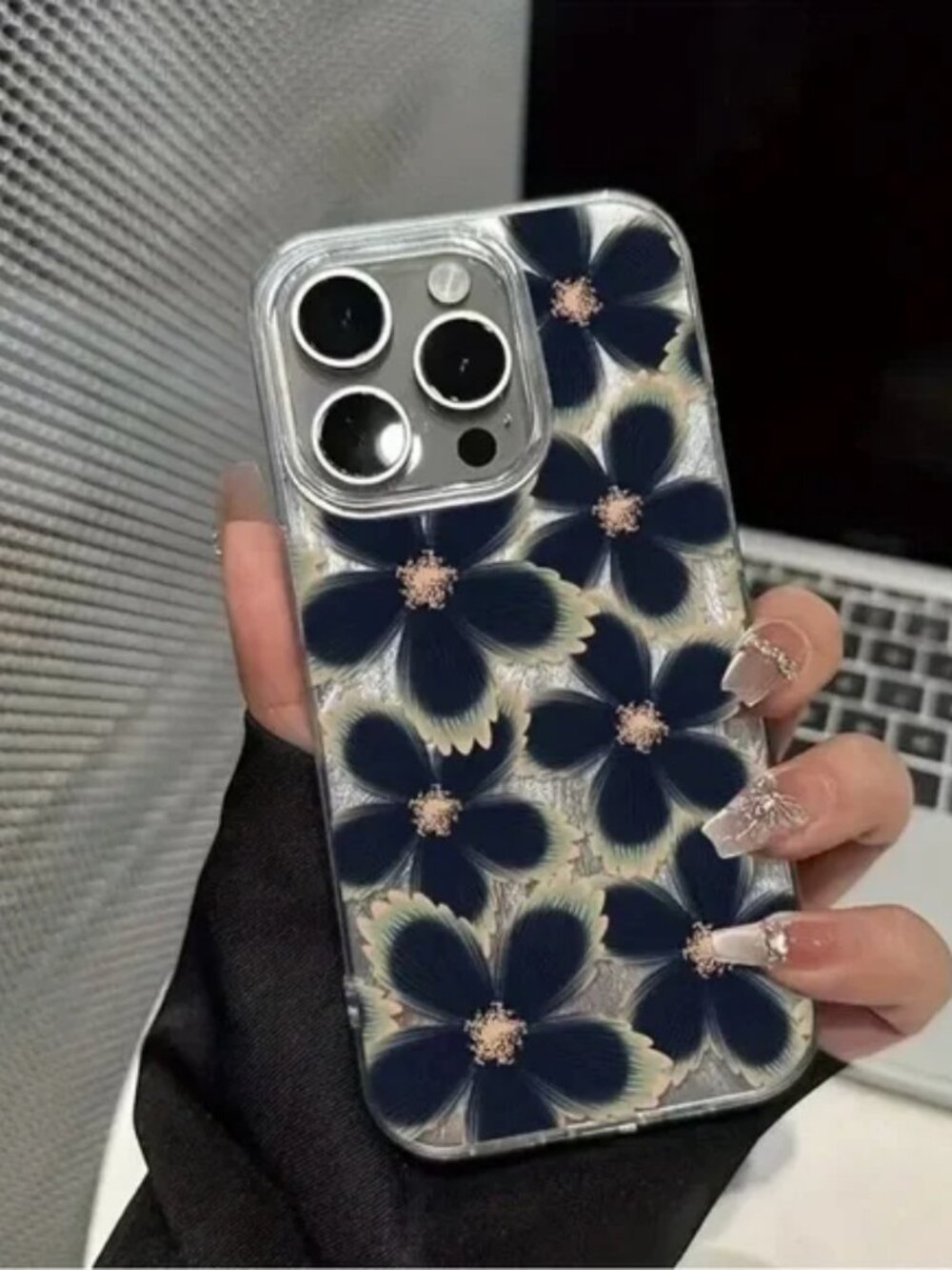 iPhone Phone Case Floral Silver Navy Flowers Soft Shell Case